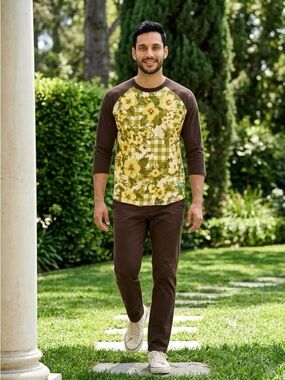 Levi's Denim Tears Men's Green Gold Floral Plaid Baseball Tee 3/4 Sleeve, XL, S